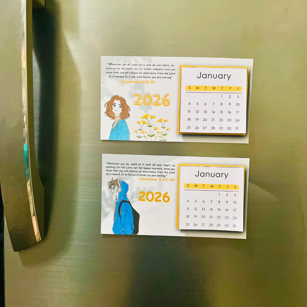 Two 2026 calendar magnets on a metallic surface