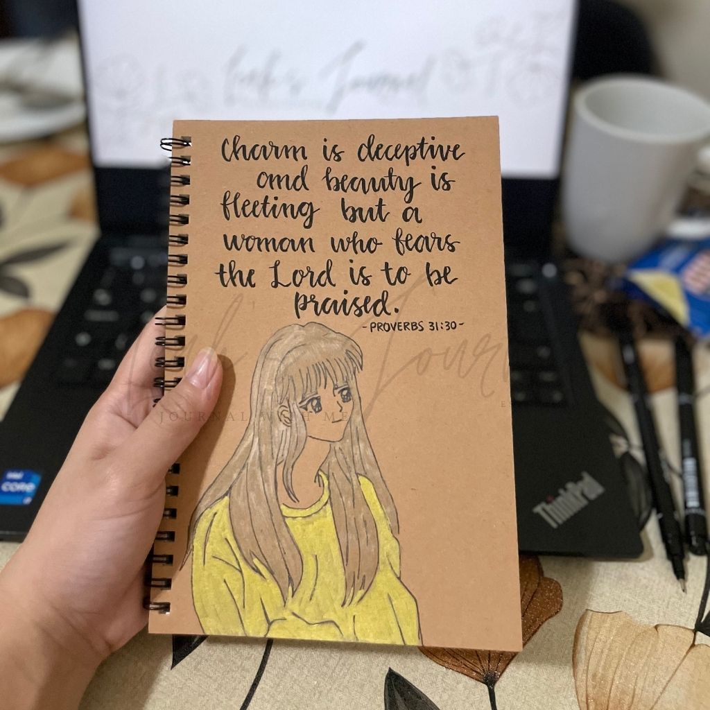 Charm Is Deceptive, Beauty Is Fleeting – A5 Kraft Notebook with Hand‑Drawn Scripture Calligraphy (Women’s Journal)