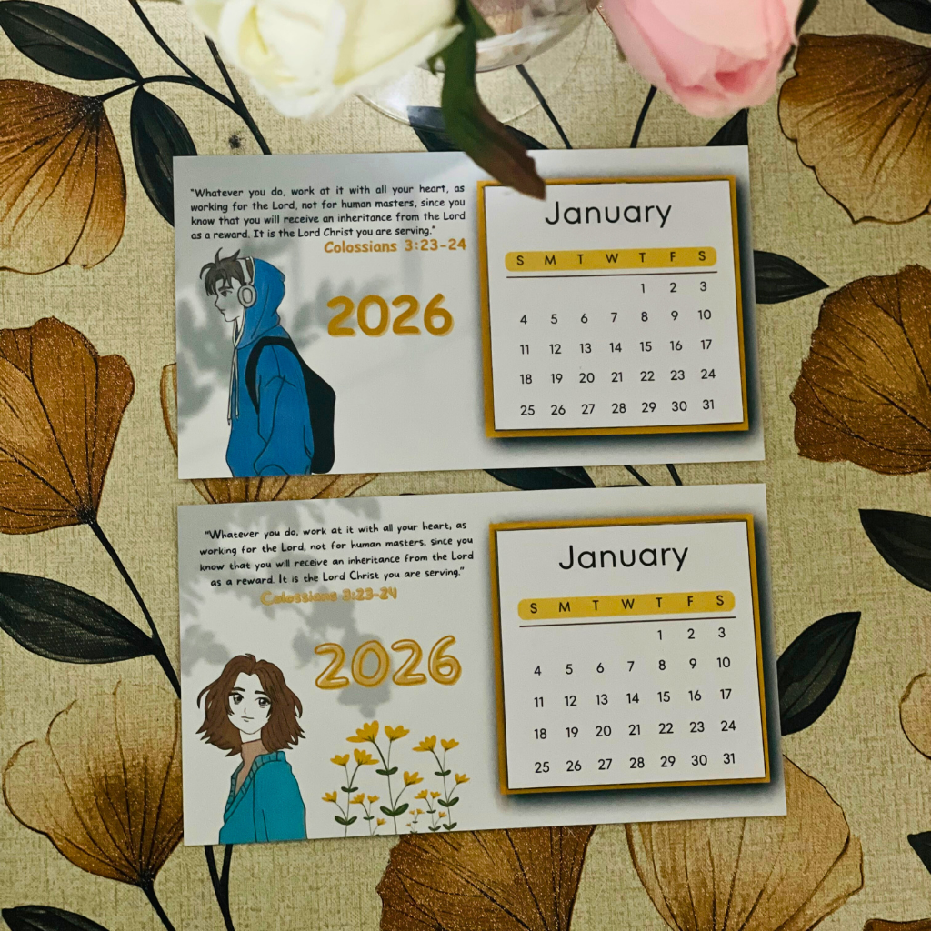 Two 2026 calendars with illustrations on a floral background