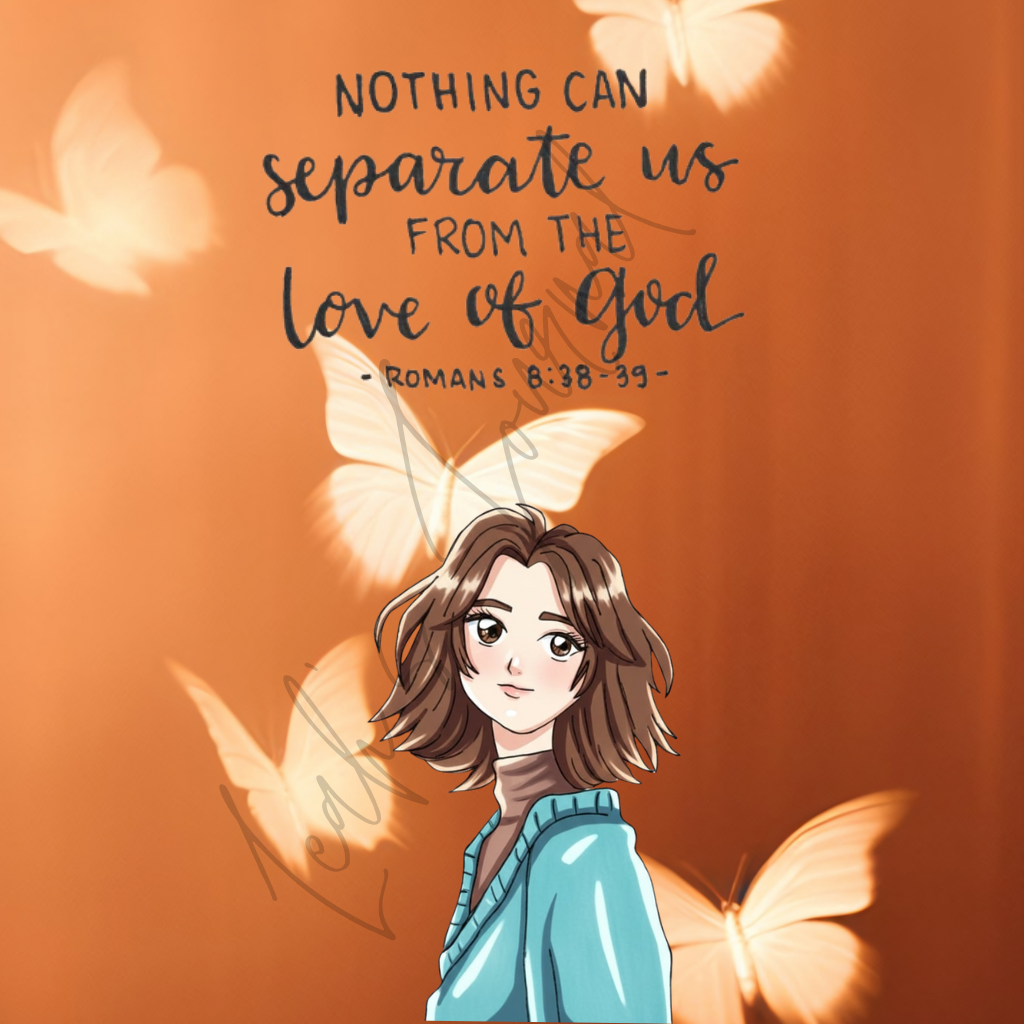 Illustration of a woman with butterfly wings and a motivational quote on an orange background